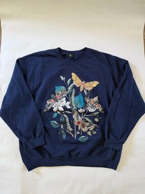 OBEY Navy Floral & Moth Graphic Crewneck Sweater XL